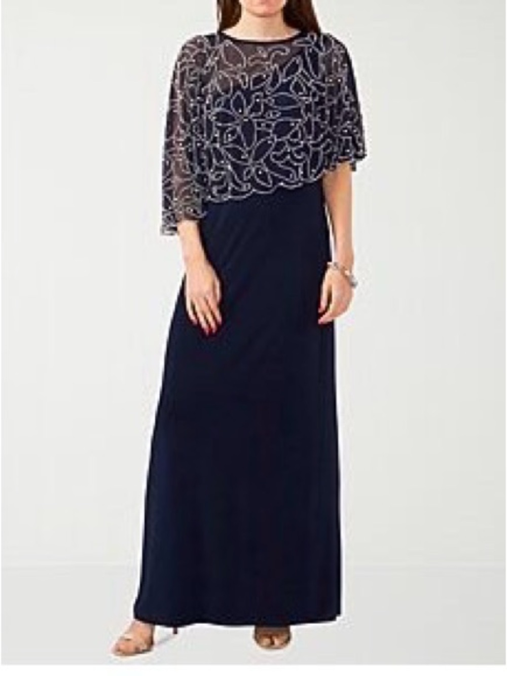 MSK Navy Long Sleeve Beaded Cape Evening Gown